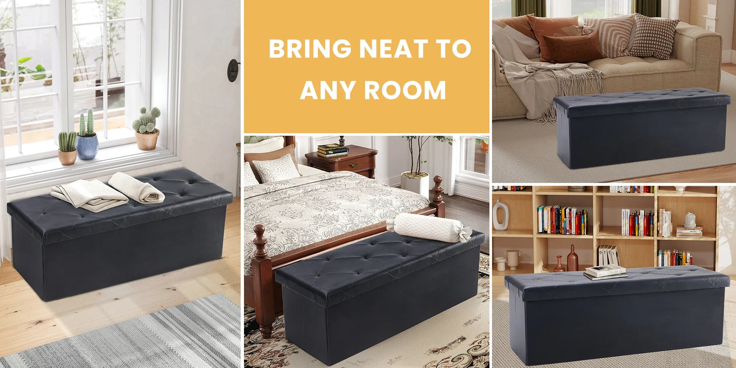 JHK 43 Inches Leather Folding Ottoman Storage Footstool For Living Room