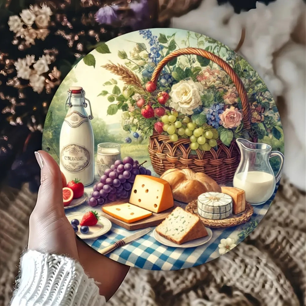 Rustic Food-Themed Decorative Wall Plate - 8x8 Inch Round Aluminum