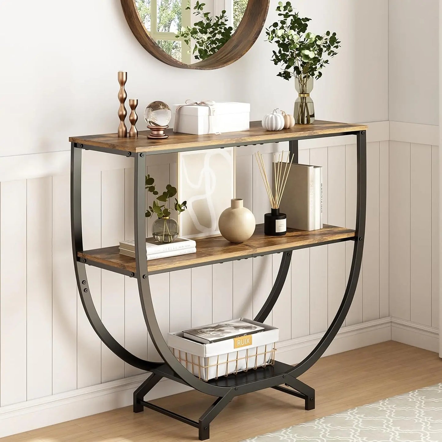 3-Tier Industrial Console Table with Storage, 30" Height Entryway Sofa Table, Rustic Brown for Living Room
