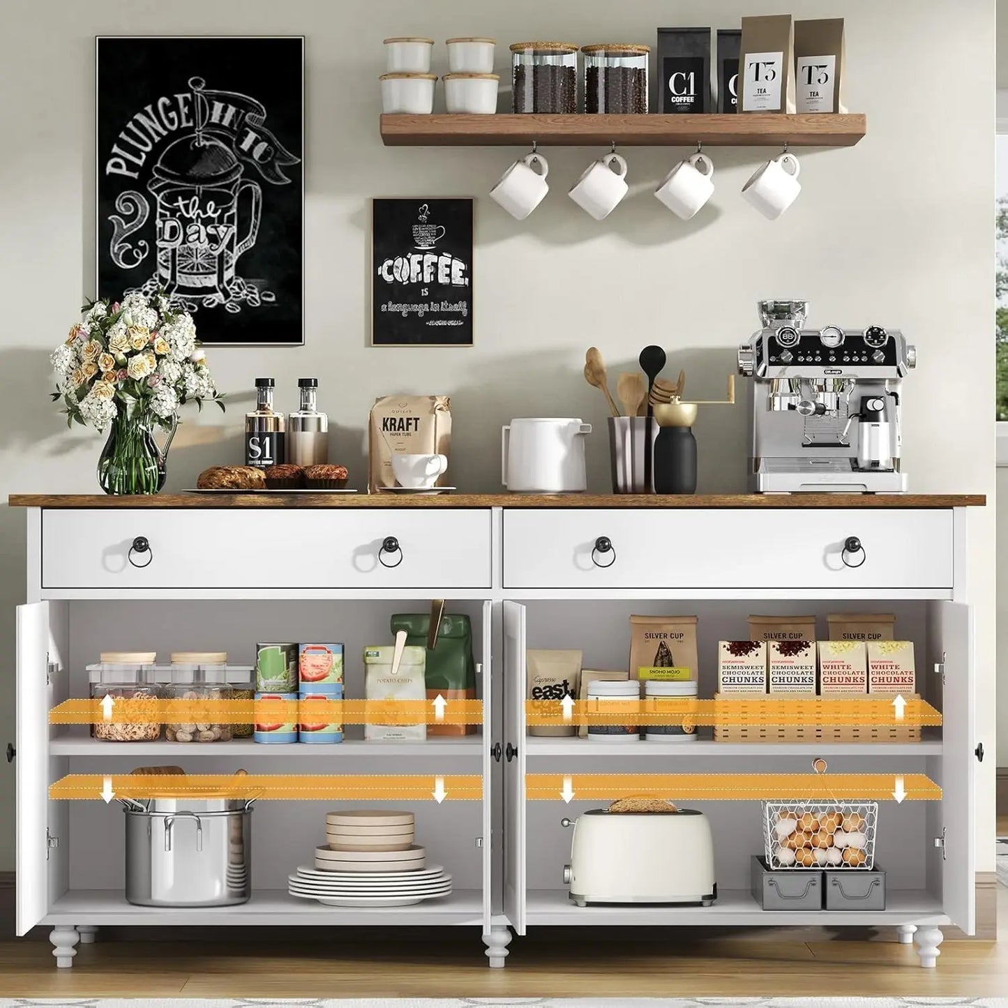 Buffet Cabinet with Storage, 55'' Large Farmhouse Cabinet with 2 Drawers and 4 Doors