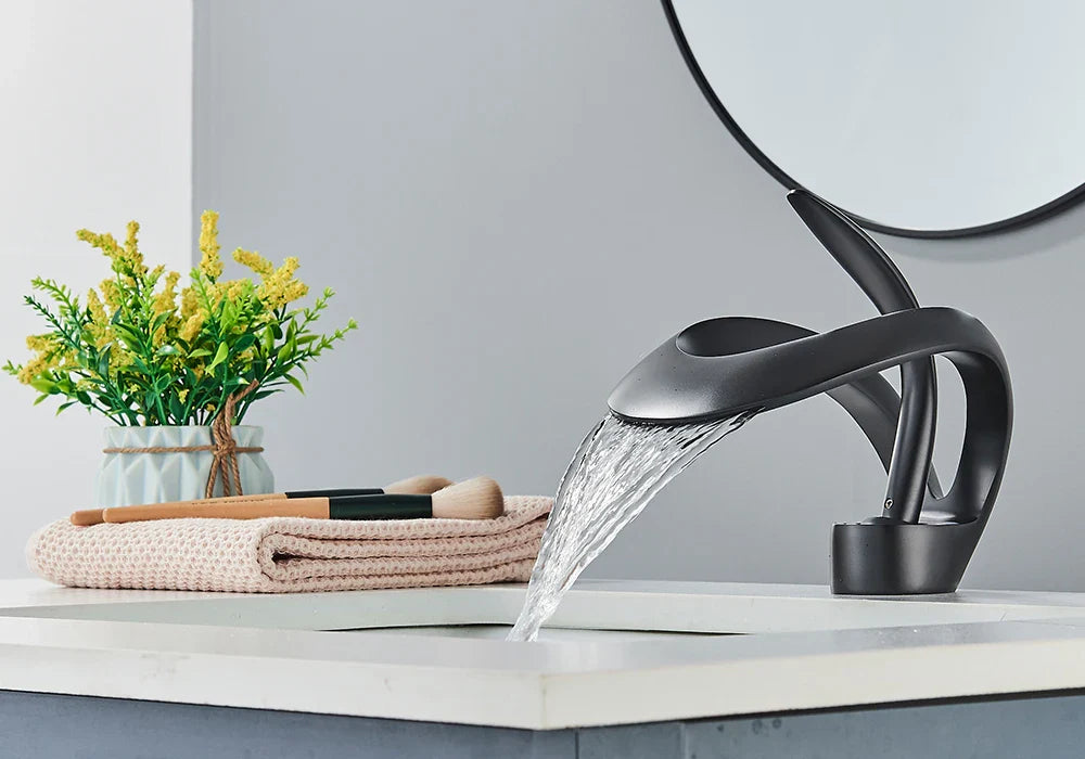 Rozin Luxury Black Basin Faucet Grey Bathroom Waterfall Mixer Tap Brass Deck Mount Modern Style