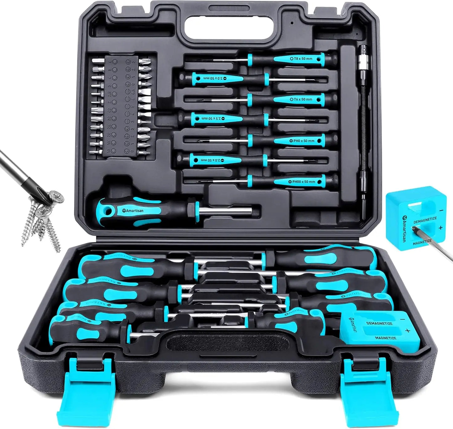 Magnetic Screwdriver Set, 43-Piece with Case, Includes Slotted, Phillips, Hex, Pozidriv, Torx - Green