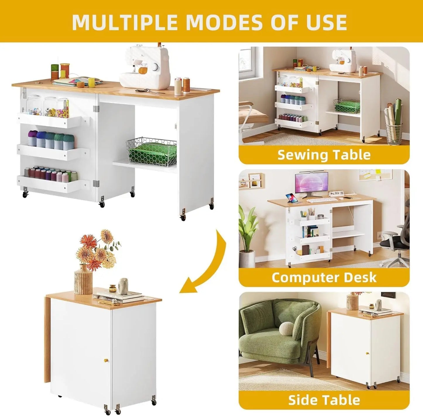 Folding Sewing Table w/Charging Station, Sewing Table