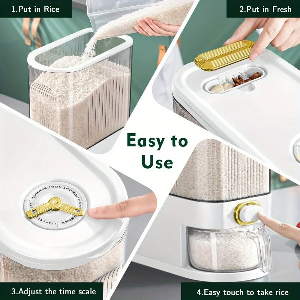 5kg/10kg Rice Dispenser - Large Pantry Storage Container with Measuring Cup & Time Markings