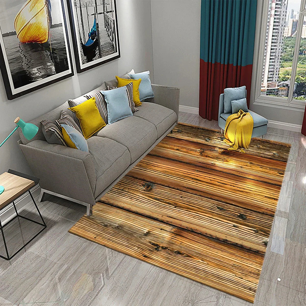 Rectangular Staggered 3d Planks Carpet Geometric Wood Grain Non-Slip Floor Rug