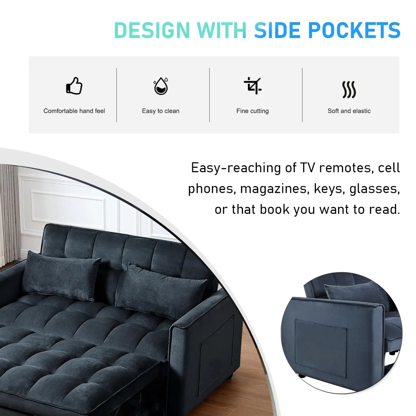 3 in 1 Convertible Sleeper Sofa Bed, Futon Couches for Living Room with Side Pocket