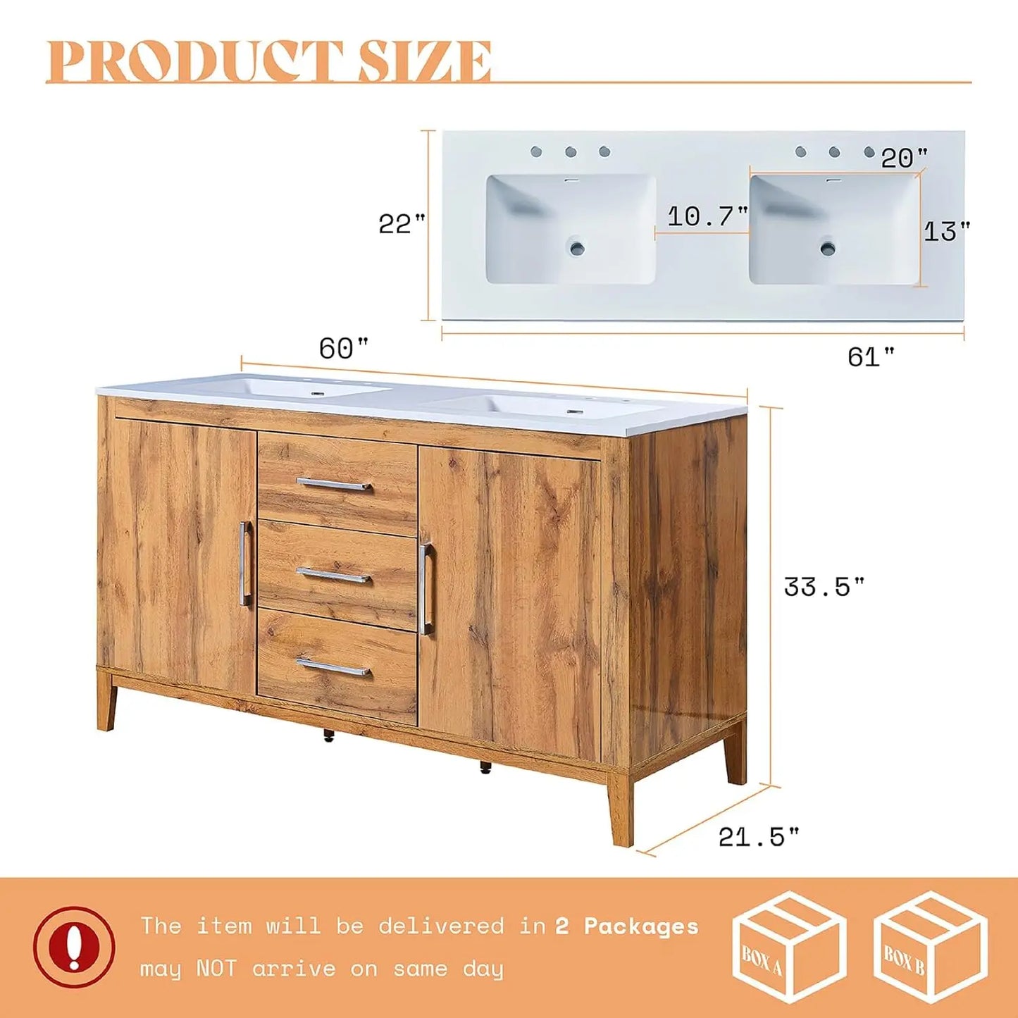 60in Double Bathroom Vanity High Gloss Woodgrain Storage 3 Hole Sink 2 Soft Close Doors Oak