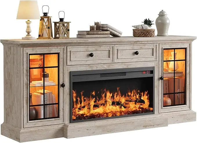 Modern 70 Farmhouse TV Stand with 36 LED Electric Fireplace, Storage Cabinet & Drawer for 80 TVs