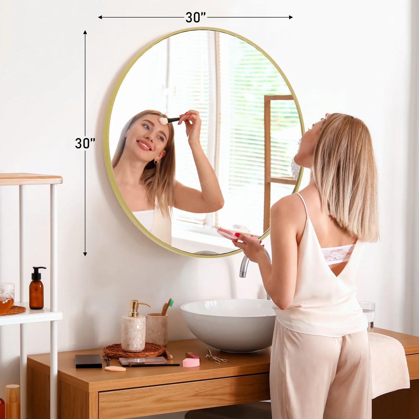 JHK 30 Inch Large Gold Round Vanity Framed Mirror for Wall