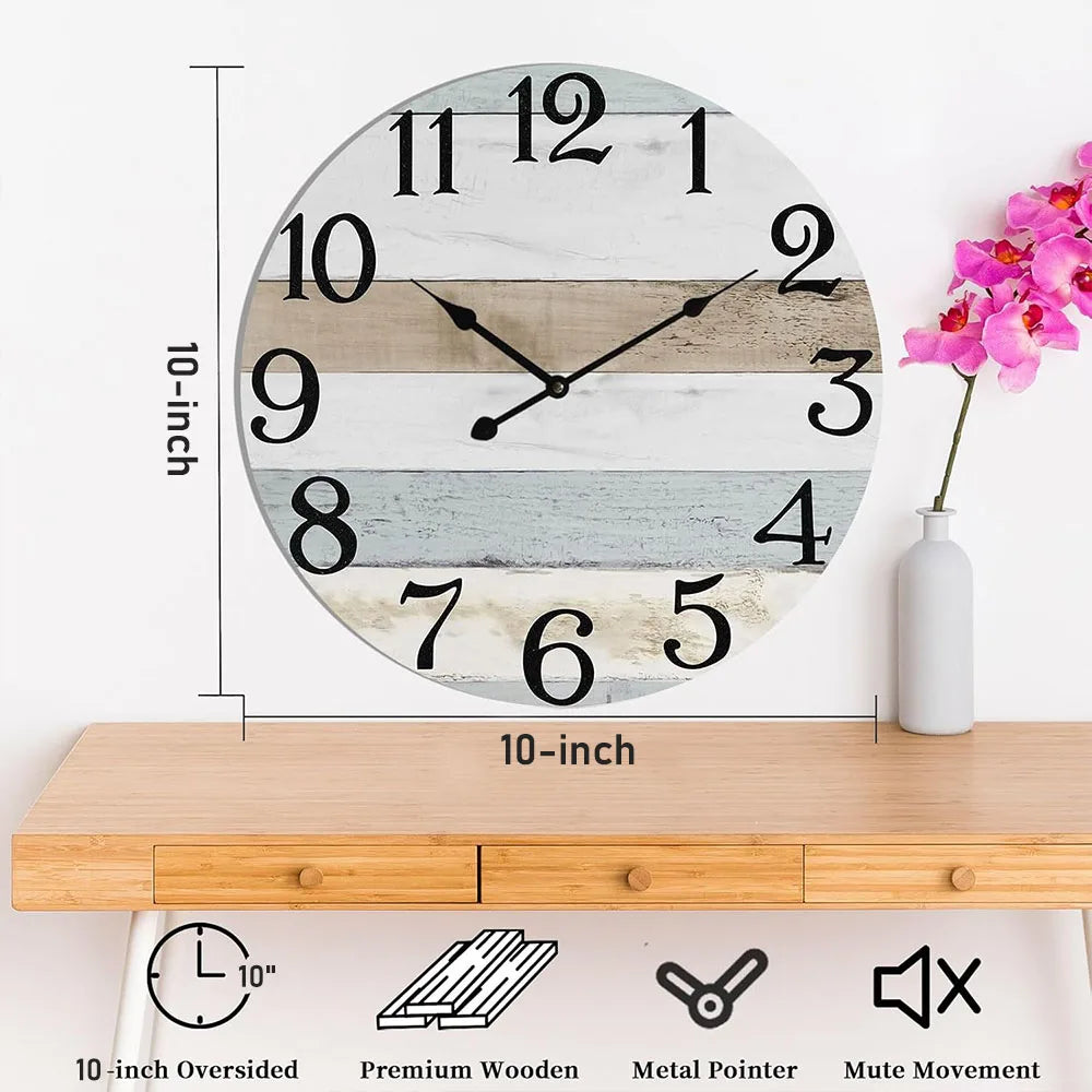 Wall Clock 10 Inch ClockRustic Wall Clocks Battery Operated,SilentNon Ticking Wooden