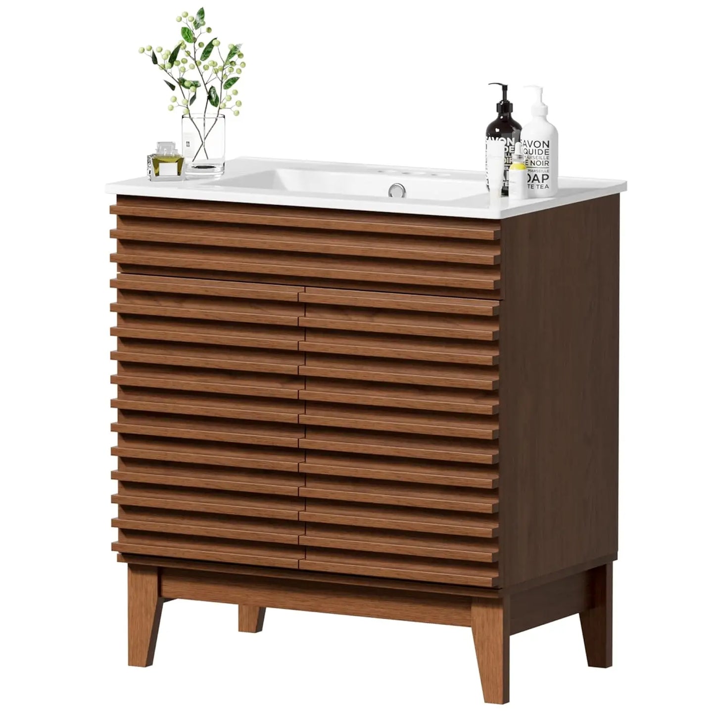 30" Mid-Century Bathroom Vanity Cabinet Ceramic Sink Soft Close Doors Freestanding