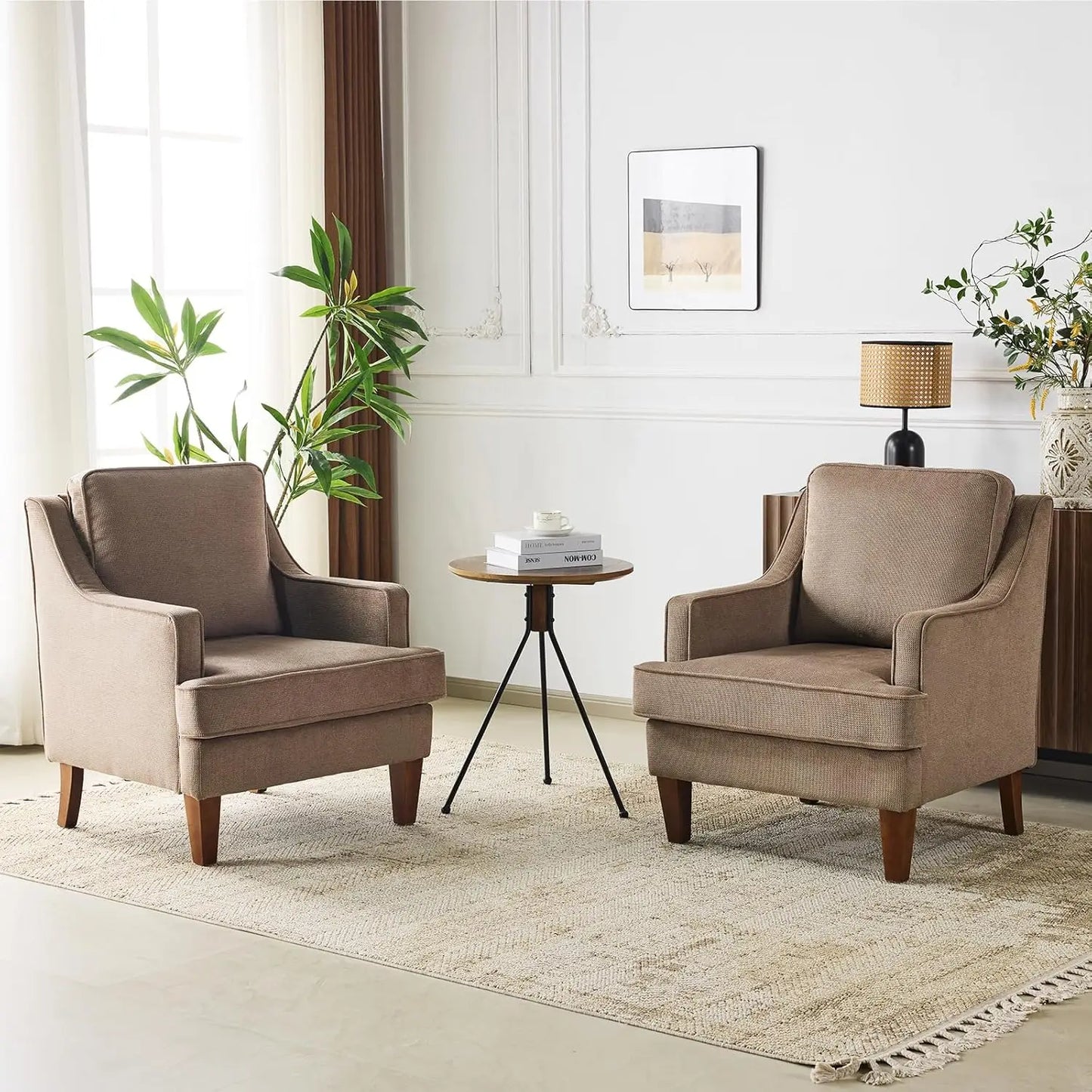 Mid-Century Modern Accent Chairs Set of 2, Light Brown Upholstered Armchair