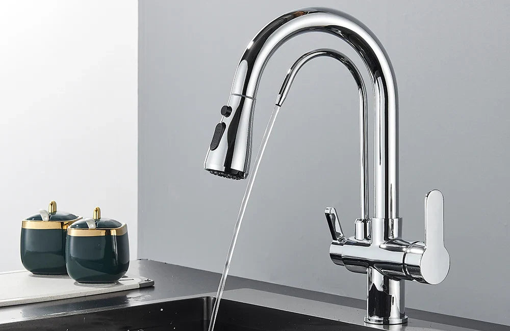 Quyanre Matte Black Filtered Crane For Kitchen Pull Out Spray 360 Rotation Water Sink Mixer Kitchen Faucet