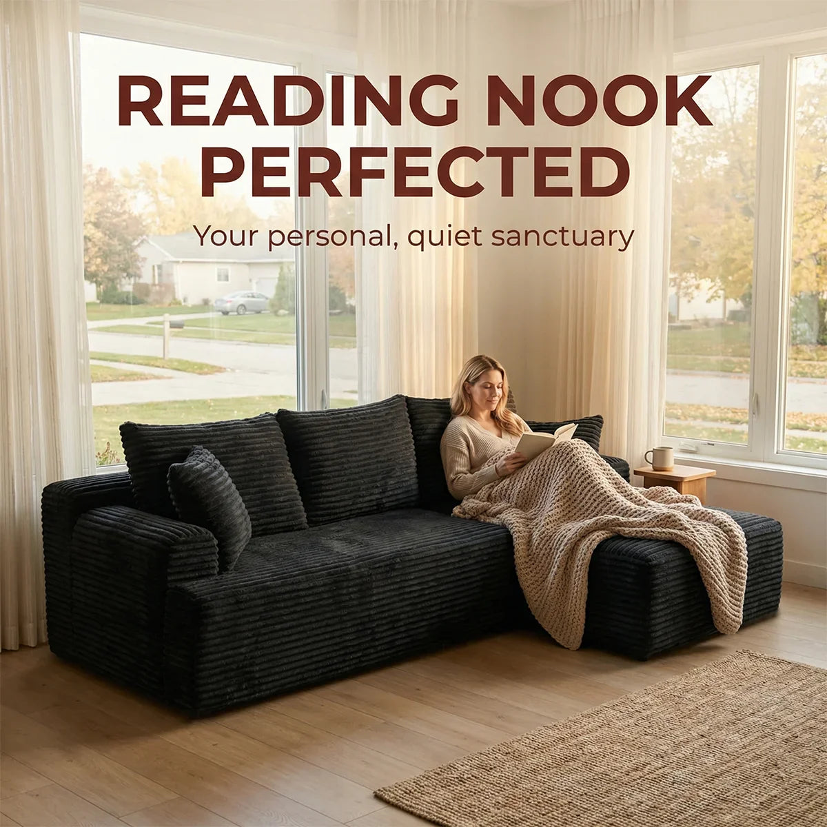 95" L-Shaped Sofa Chaise, Rabbit Fleece Upholstery, Ultra Soft & Comfortable, Ready to Use Out of the Box