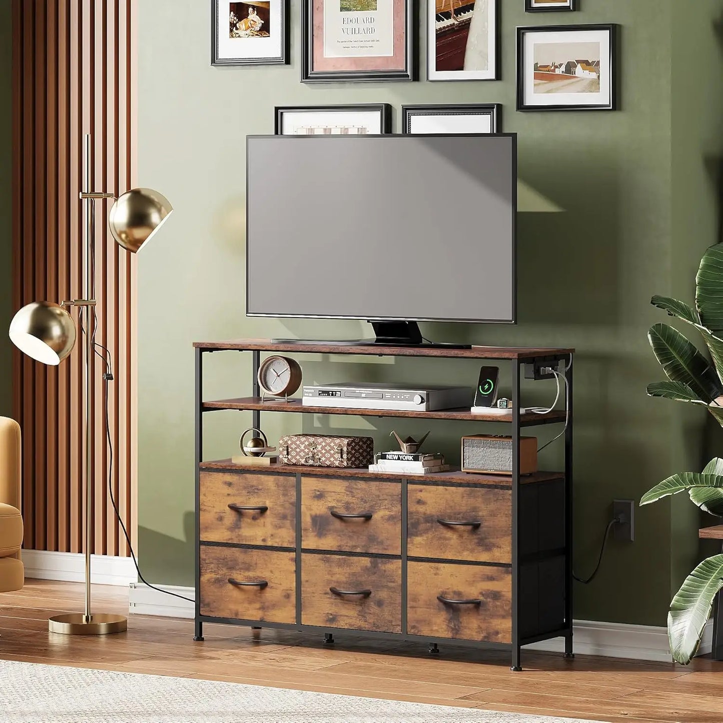 TV Stand for 40-45 Inch TVs with LED Lights, Charging Station,, Rustic Brown Entertainment Center