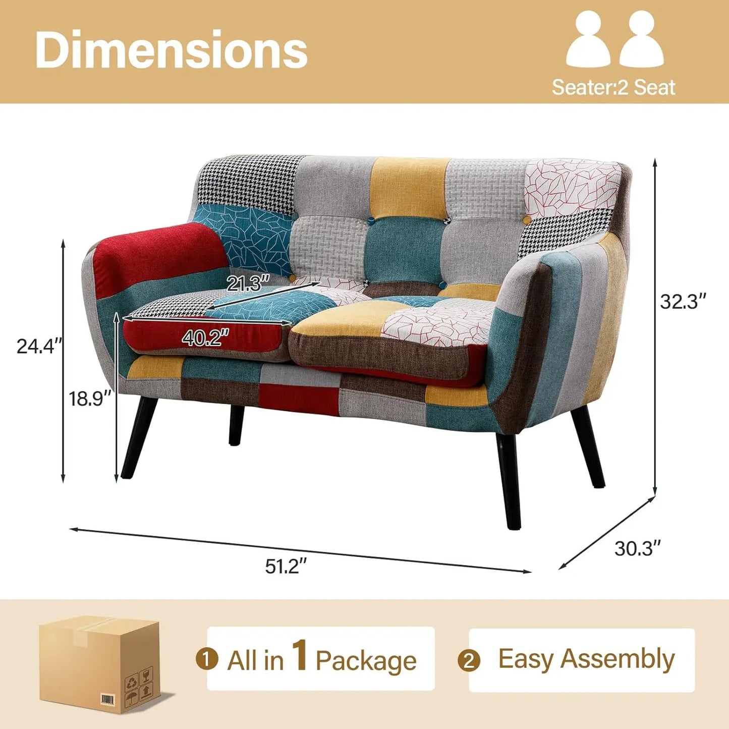 Modern Boho Loveseat Couch for Living Room Bedroom, Upholstered Colorful Plaid Fabric