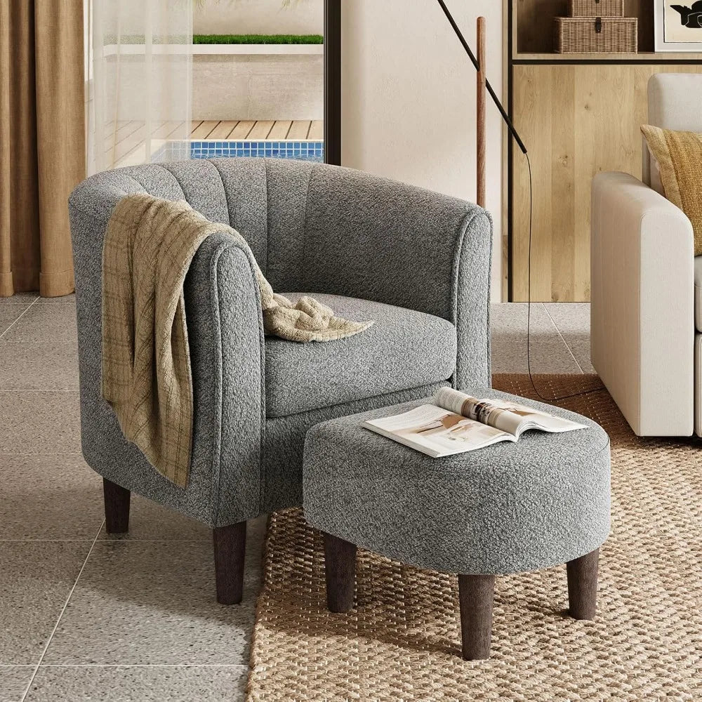 Accent Chair Ottoman Set: Chenille Barrel Chair with Foot Rest,  Upholstered