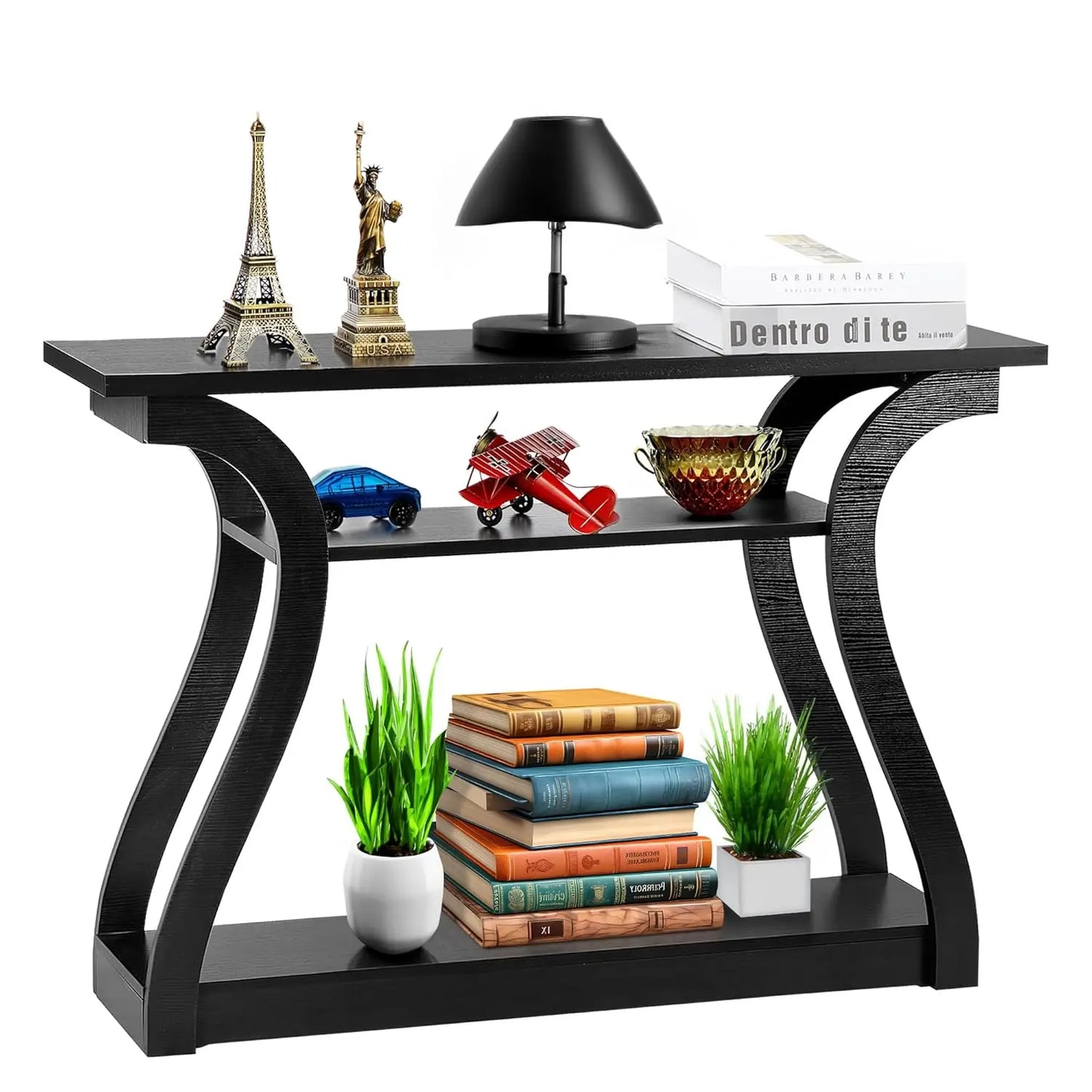 Wood Console Table 3 Tier Narrow Entryway Table with Curved Frame and 2 Open Storage Shelves