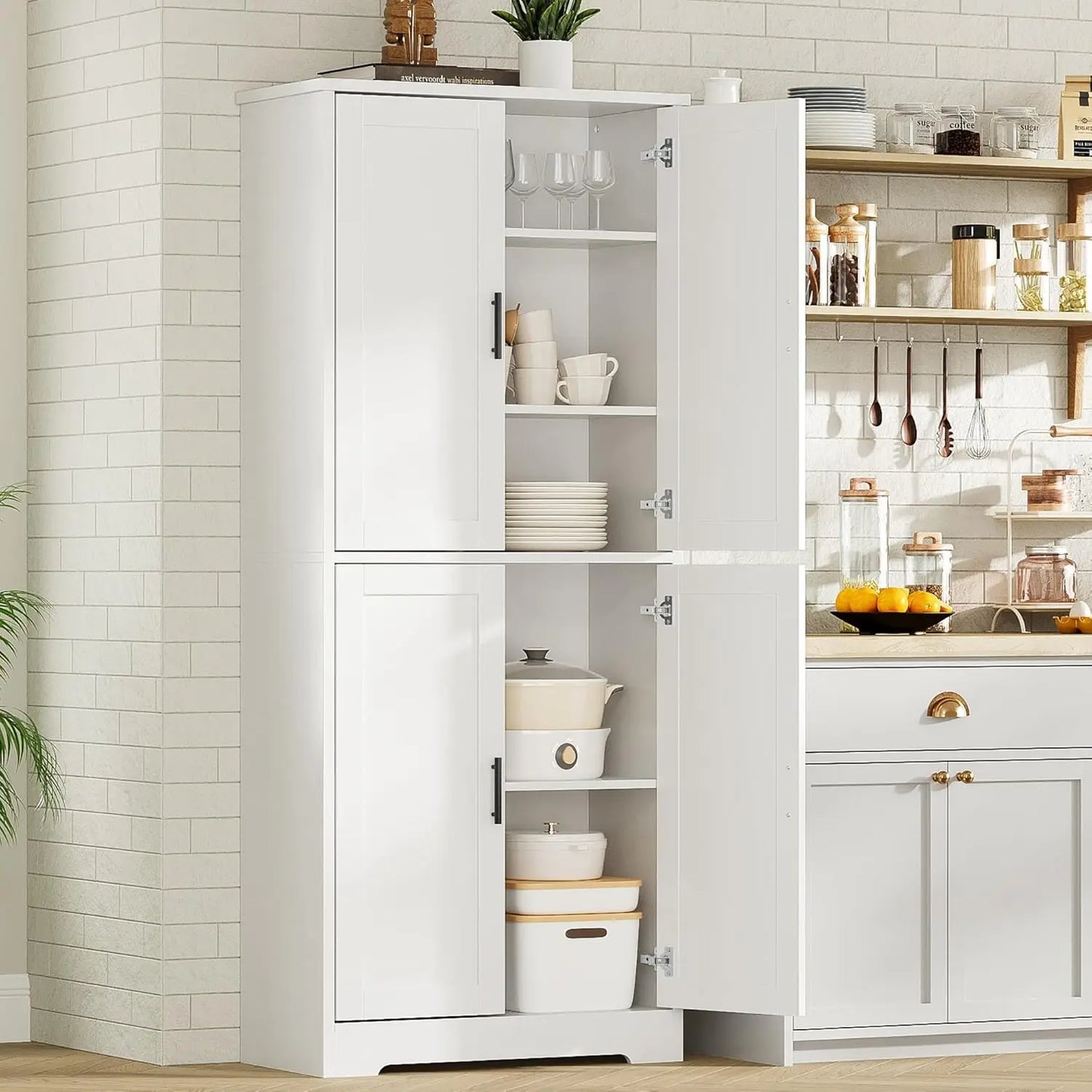 70 Inch Tall Kitchen Pantry Cabinet, Freestanding Storage Cabinet with 4 Doors and Adjustable Shelves,