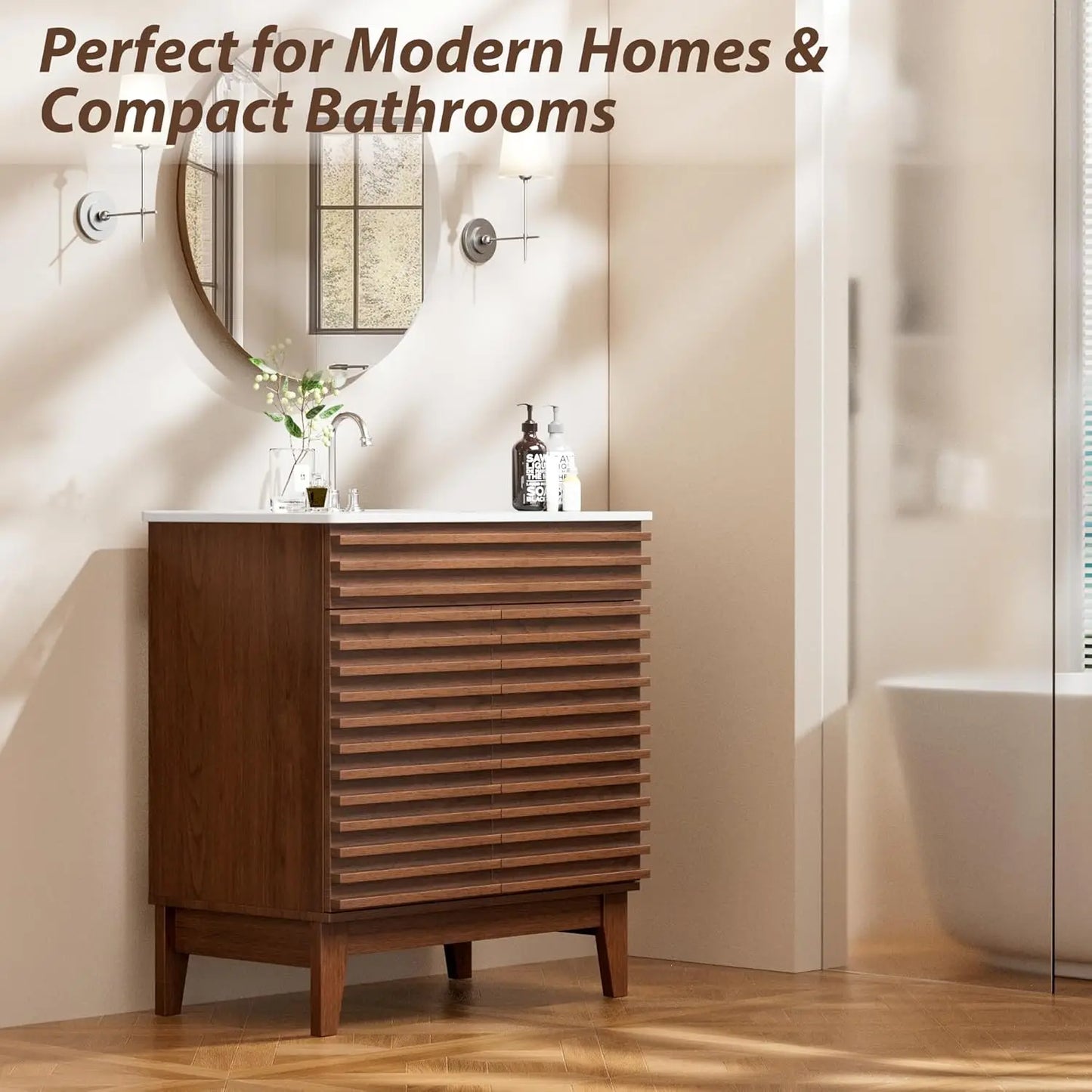 30" Mid-Century Bathroom Vanity Cabinet Ceramic Sink Soft Close Doors Freestanding