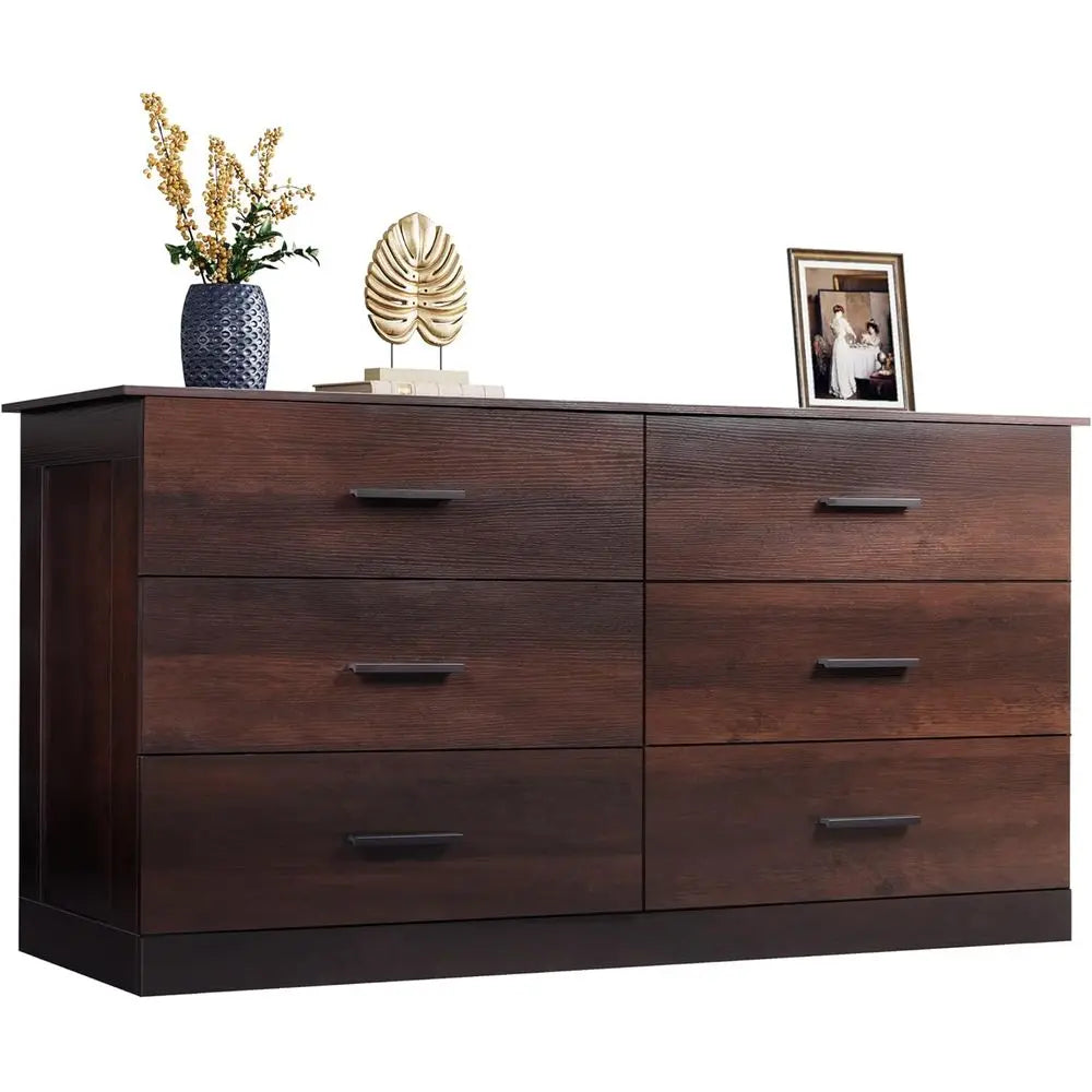 Elegant Wooden Dresser for Bedroom, with 6 Drawers, Large Brown Storage Unit,