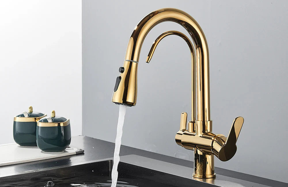 Quyanre Matte Black Filtered Crane For Kitchen Pull Out Spray 360 Rotation Water Sink Mixer Kitchen Faucet