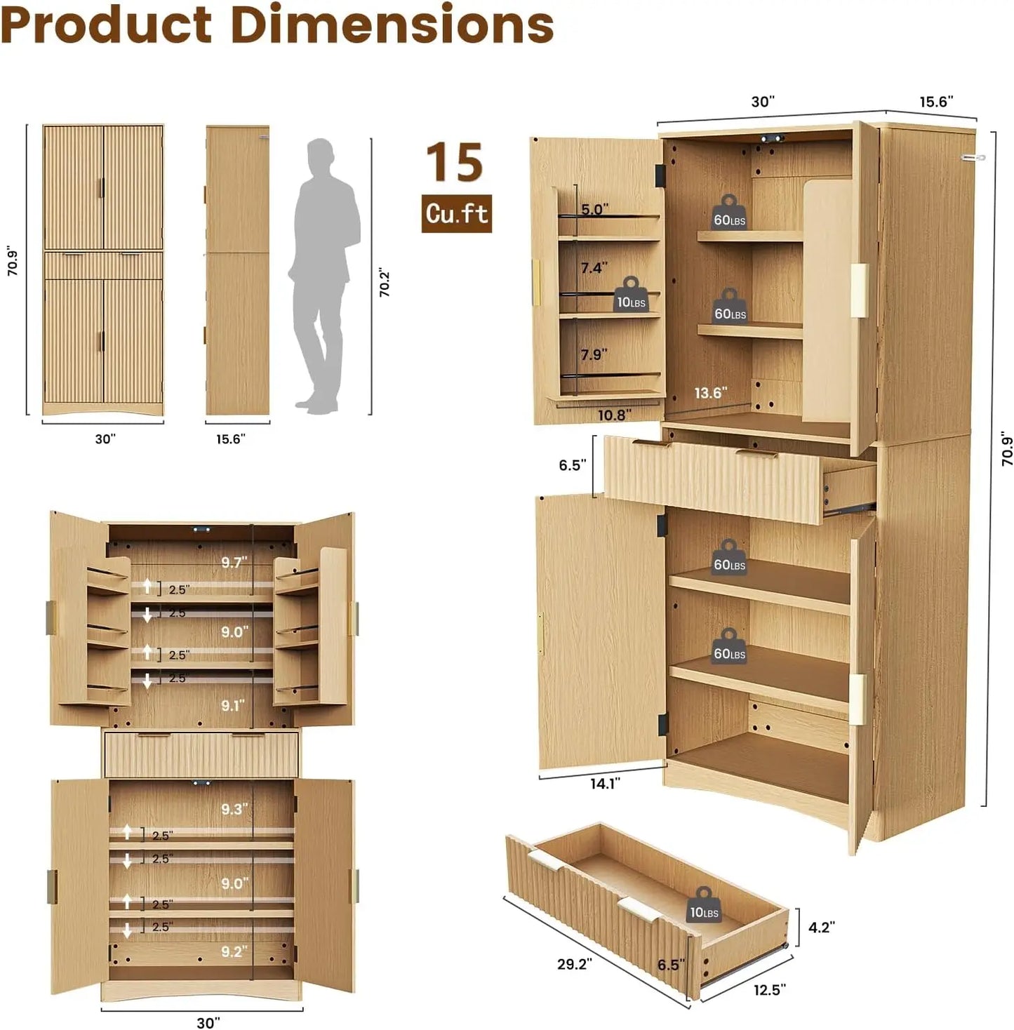 72" Tall Fluted Pantry Cabinet with Adjustable Shelves,  - Natural Oak Kitchen Storage