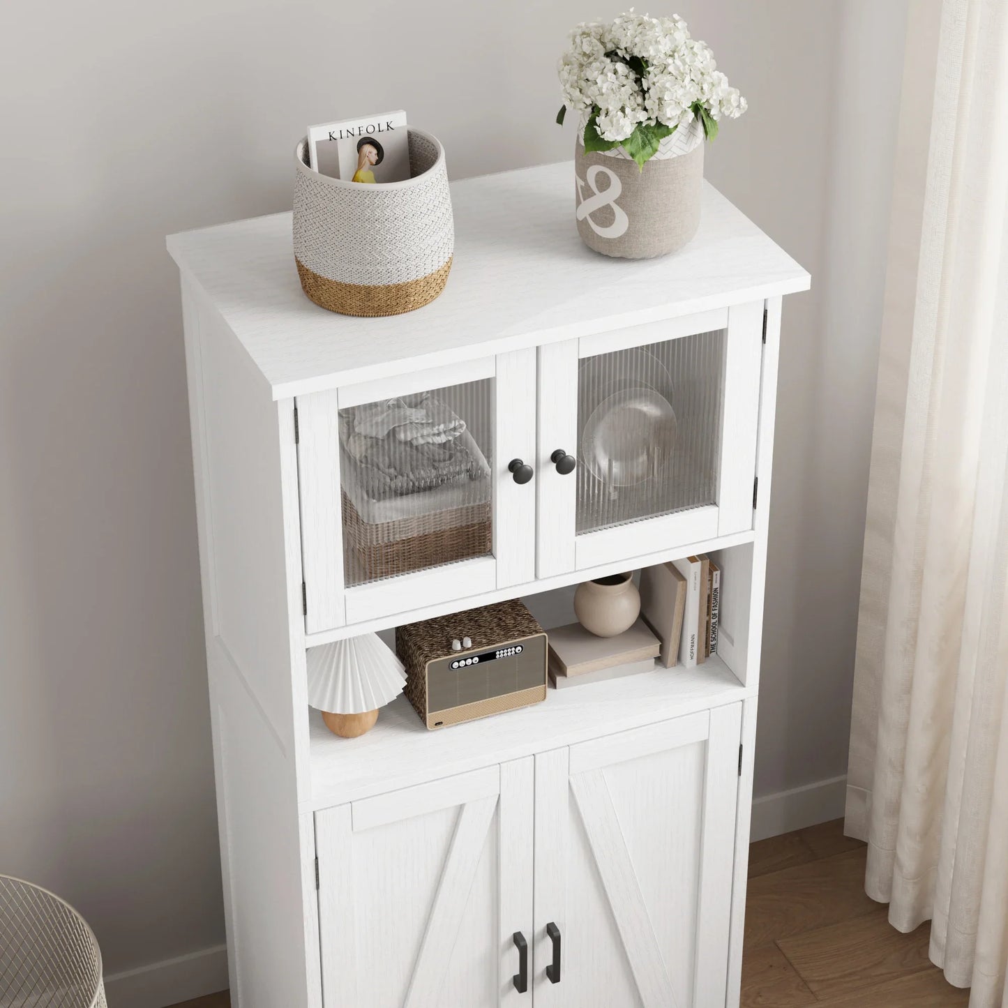 Free Standing Kitchen Pantry Cupboard with 4 Doors with Tempered Glass Doors
