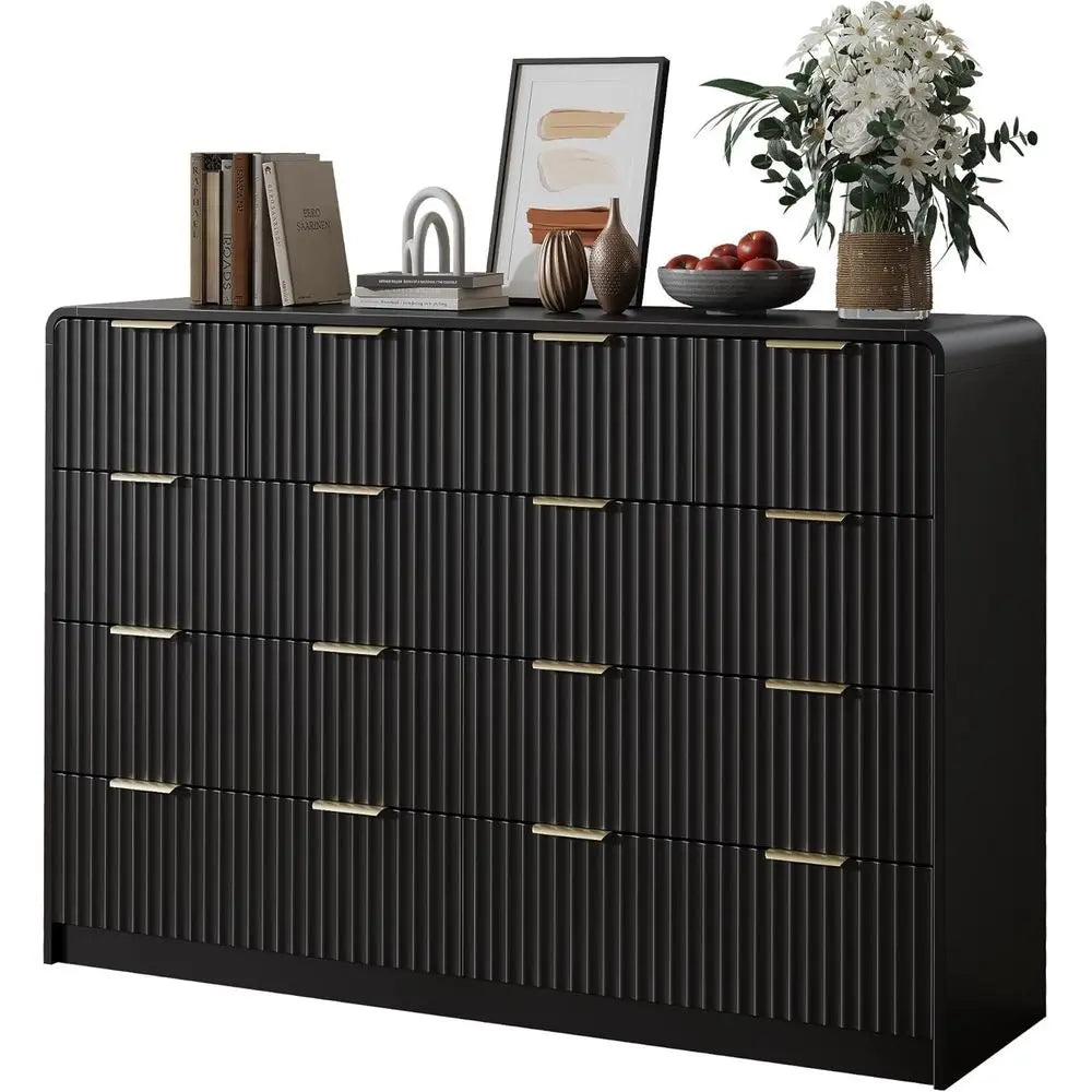 10-Drawer Wide Chest with Metal Handle for Bedroom in Black