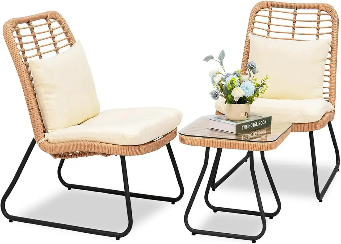 3 Piece Outdoor Wicker Bistro Set,  w/2 Large Rattan Chairs and Tempered Glass Table, Patio Furniture