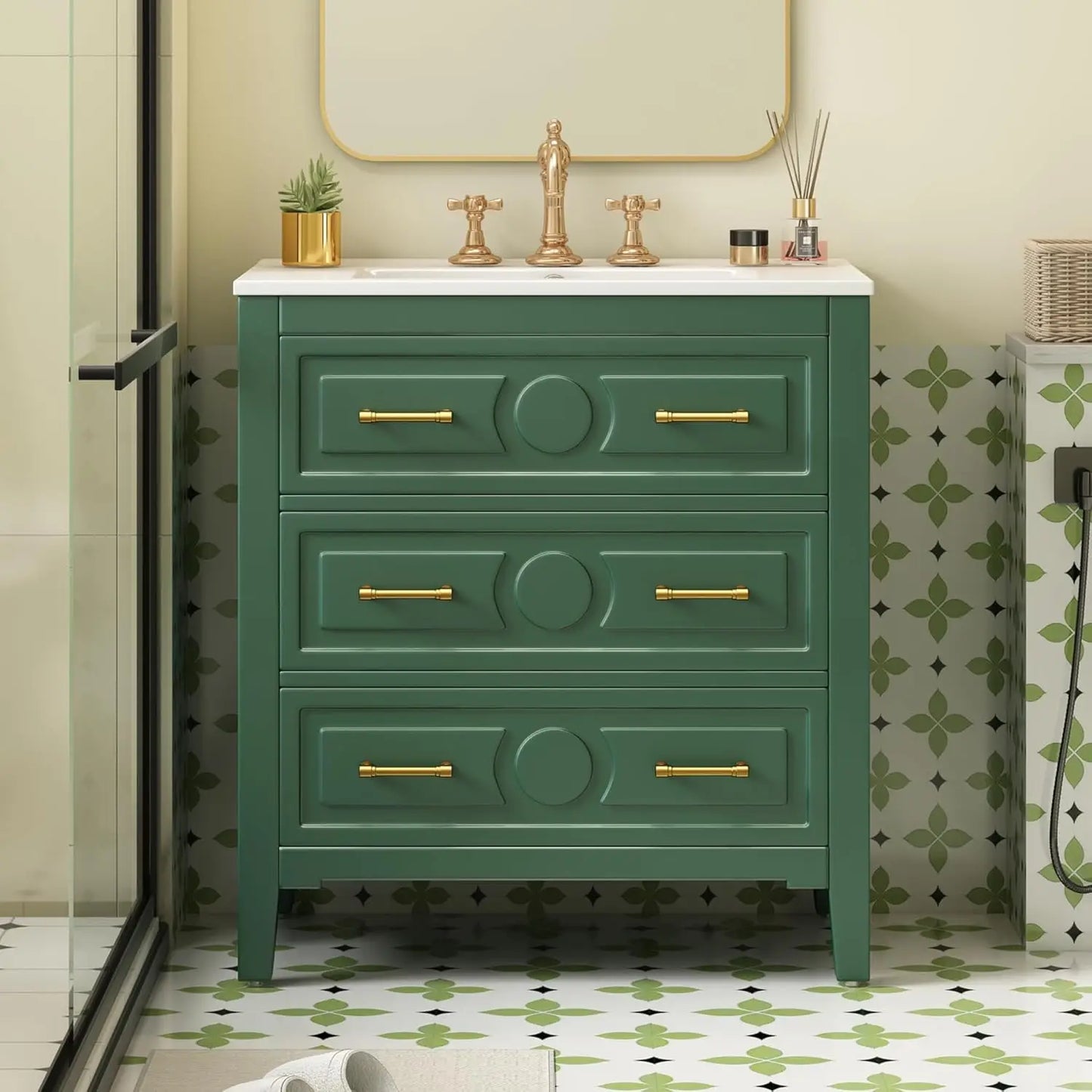 30in Solid Wood Bathroom Vanity Ceramic Sink Storage Cabinet