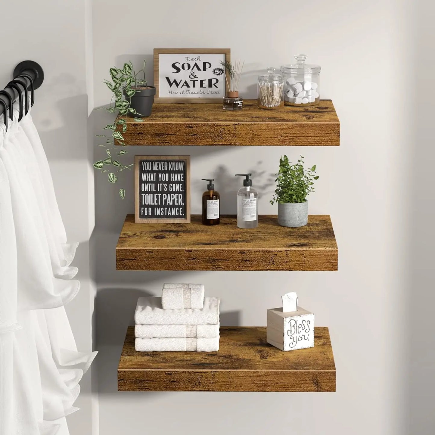 10" Deep Floating Shelves Set of 3, Rustic Brown Wood for Wall - Bathroom Bedroom Kitchen Living Room
