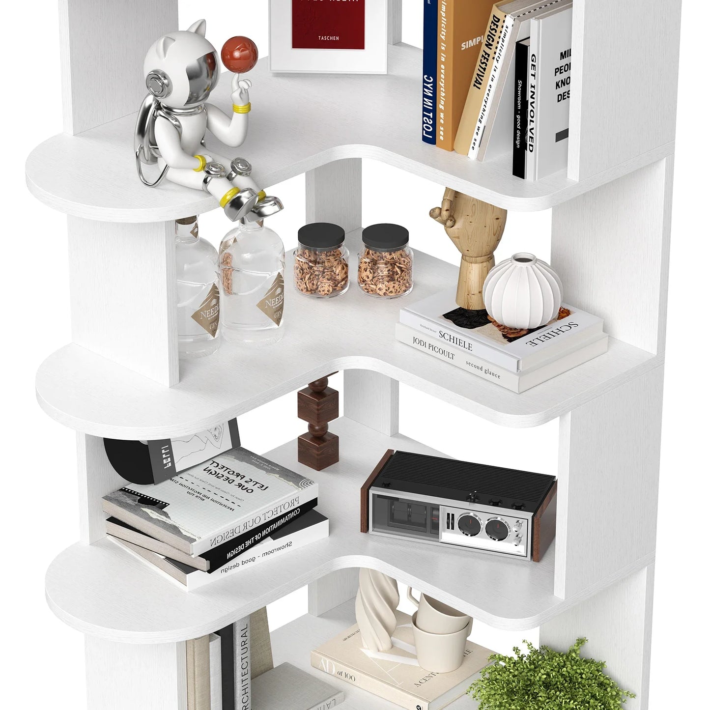 Farini Corner Bookshelf – White, Space-Saving Storage Shelf for Living Room & Home Office