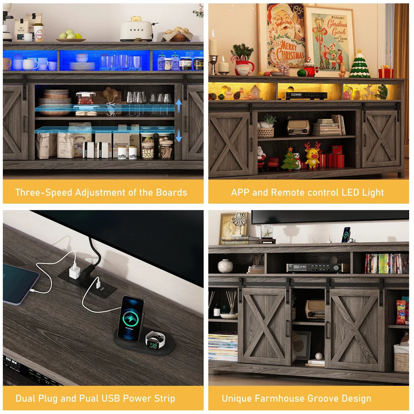 TV Stand Farmhouse Coffee Bar Cabinet Rustic Sliding Barn Door Cabinet with Power Outlet & LED Light