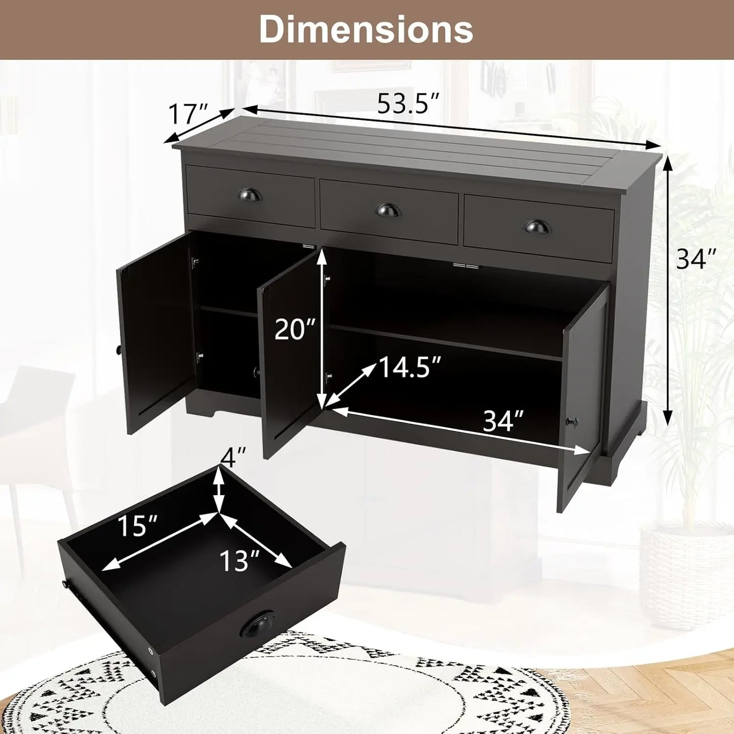 Kitchen Buffet Sideboard, Wood Storage Cabinet w/ 3 Drawers and 2 Cupboards,