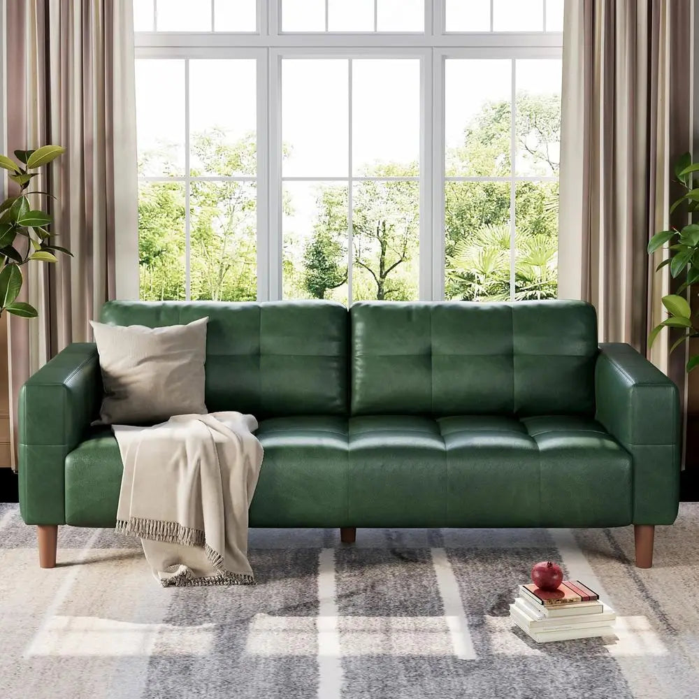Tri-Seat Wide Leather Sofa with Spring Cushion, Deep Seating and Removable Back Cushions