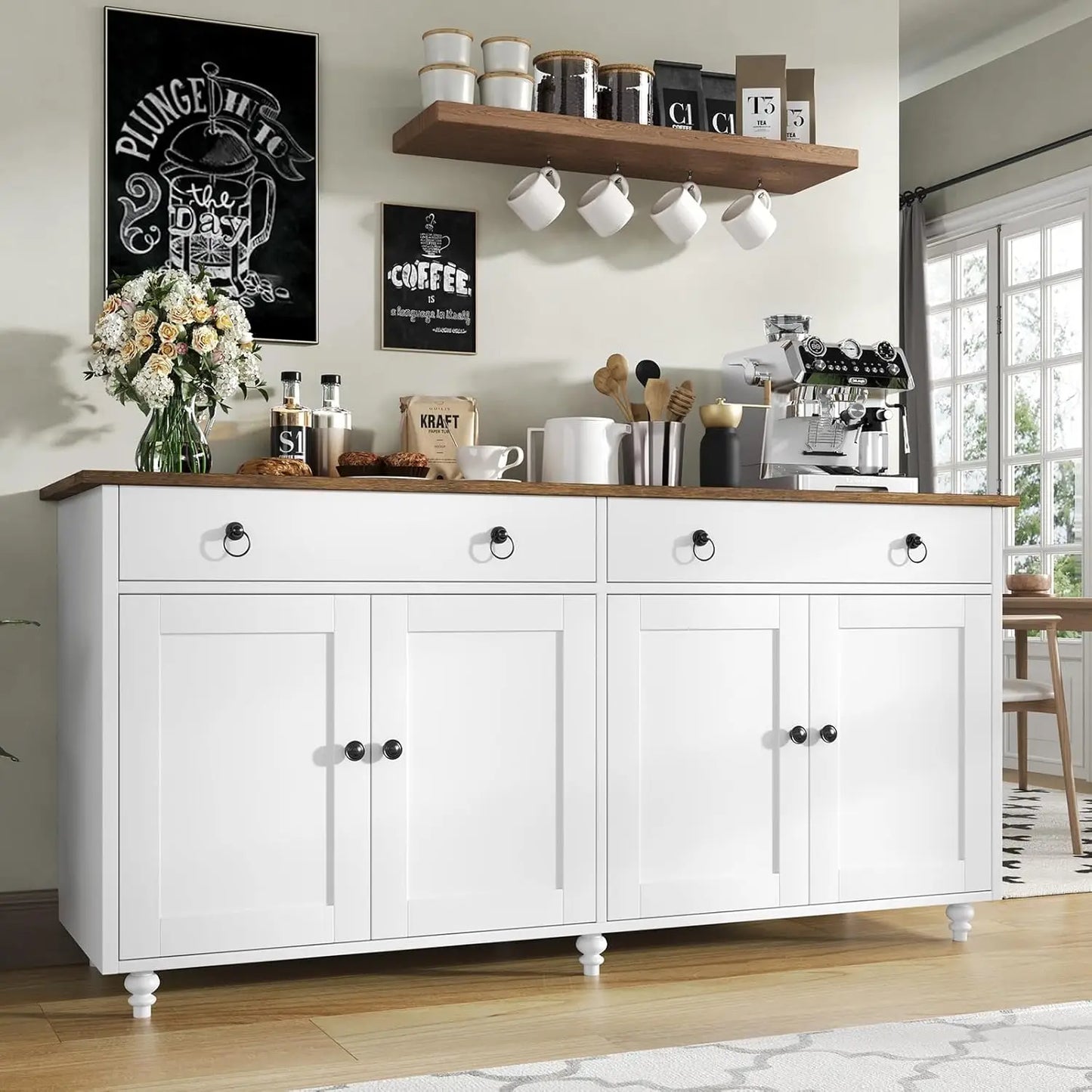 Buffet Cabinet with Storage, 55'' Large Farmhouse Cabinet with 2 Drawers and 4 Doors