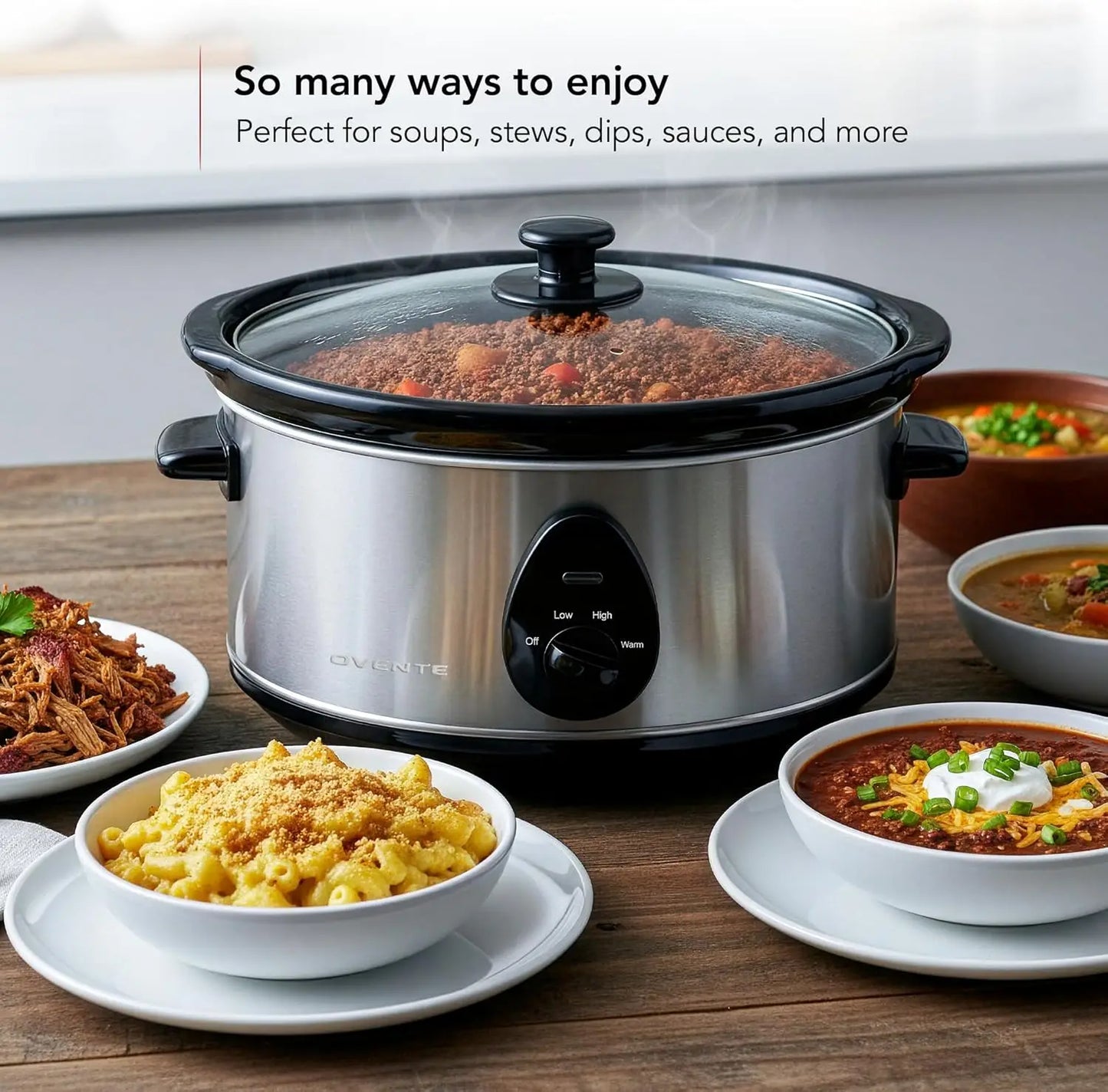 Electric Slow Cooker with 3 Cooking Settings, Non-Stick and Dishwasher Safe Stoneware, StainlSteel