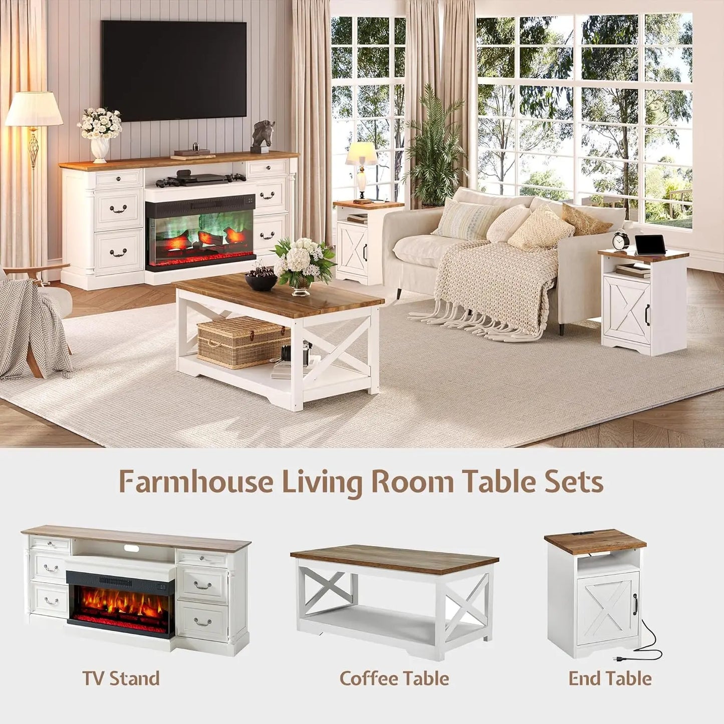 3-Piece Farmhouse Living Room Table Sets, Includes 1 x Coffee Table, 2 x End Tables with Charging Station & USB, Customized