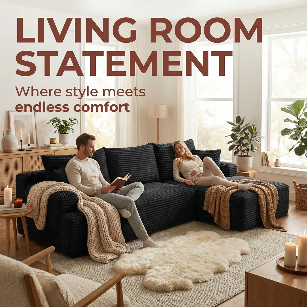 95" L-Shaped Sofa Chaise, Rabbit Fleece Upholstery, Ultra Soft & Comfortable, Ready to Use Out of the Box