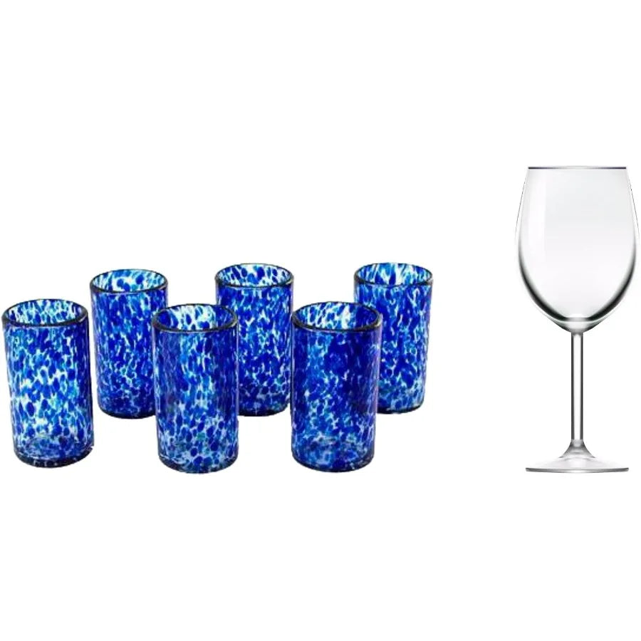 Hand Blown Blue Confetti Recycled Glasses 5 Oz 'Marine' Set Of 6