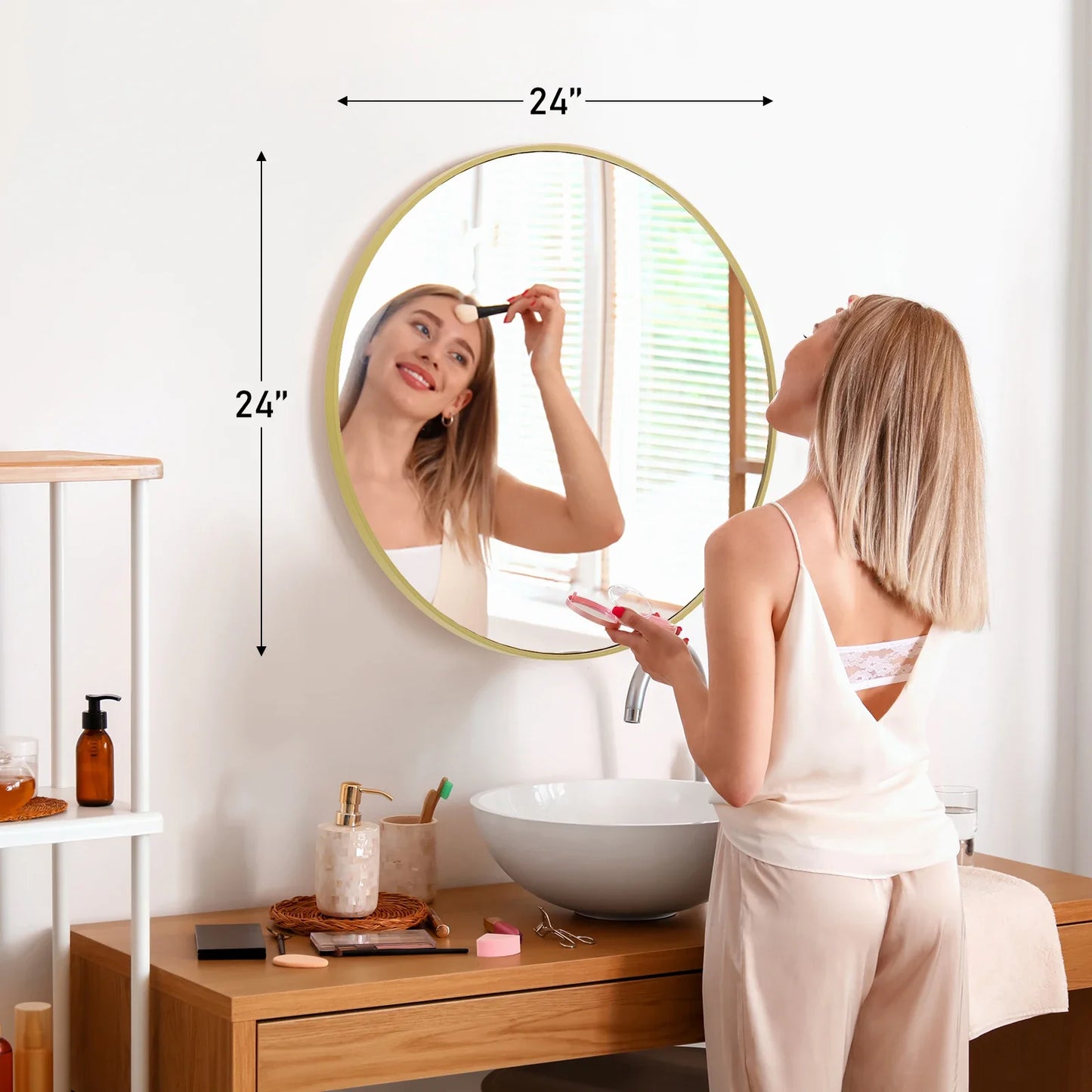 JHK 30 Inch Large Gold Round Vanity Framed Mirror for Wall