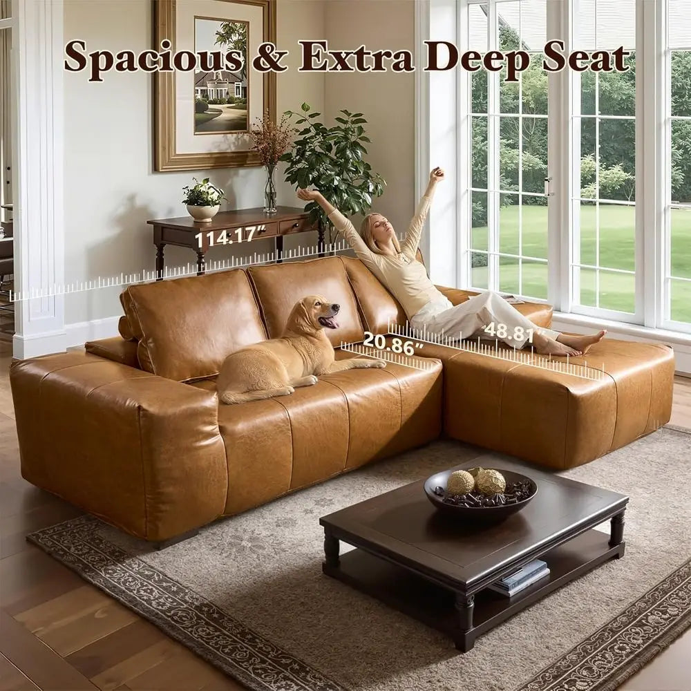 Elegant Living Room Set with Deep Seated, Comfortable Sofas in Brown Leather, No Assembly Needed