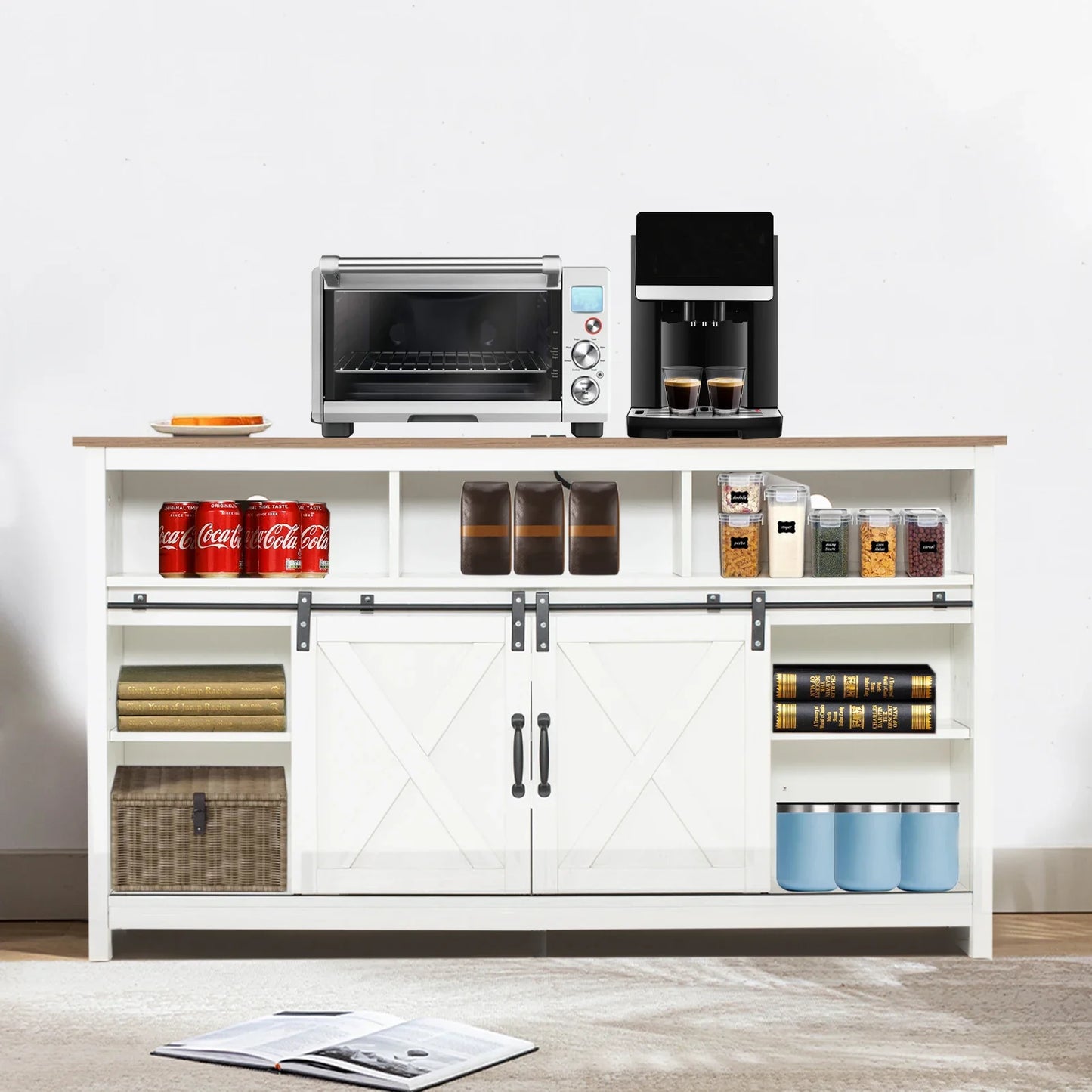 TV Stand Farmhouse Coffee Bar Cabinet Rustic Sliding Barn Door Cabinet with Power Outlet & LED Light