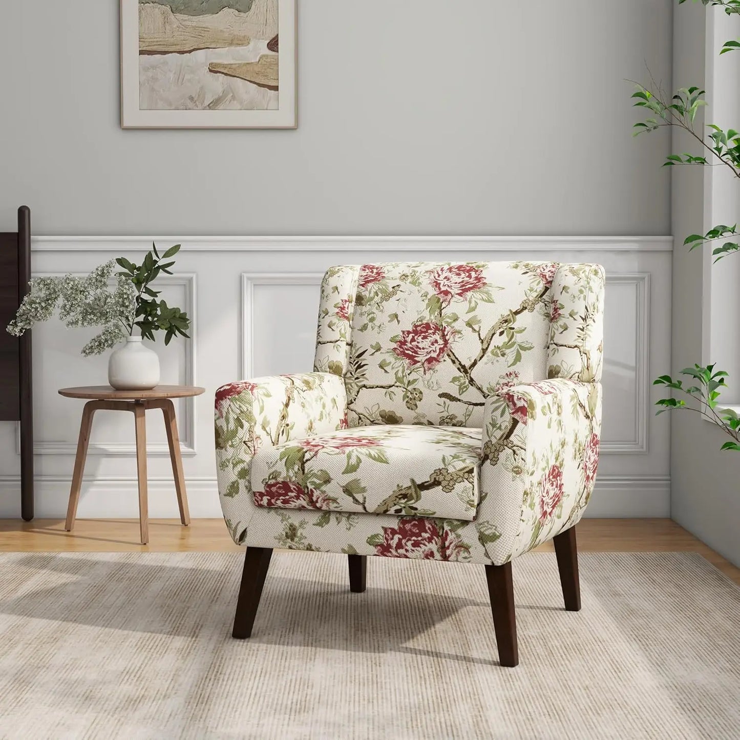 Modern Linen Accent Chair High-Resilient Sponge Comfy Reading Seat Floral Set 1,