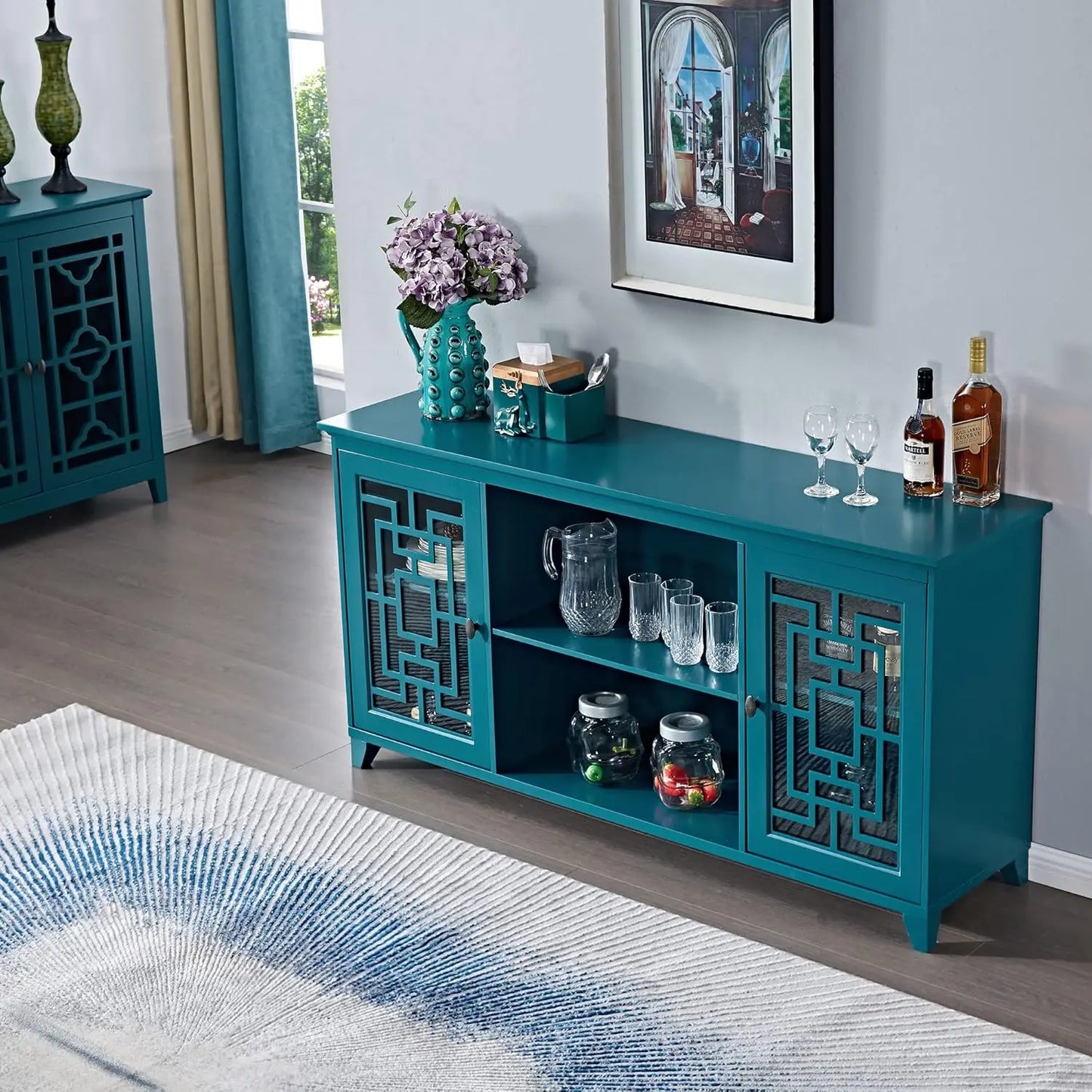 60”W Blue Console Table  Wood Sideboard with Adjustable Shelves and Doors,