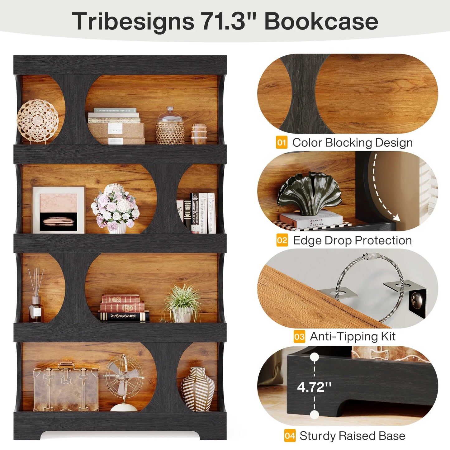 Tribesigns 71" Tall Bookcase, 4-Tier S-Shaped Bookshelf, Wood Modern Freestanding Display Shelves