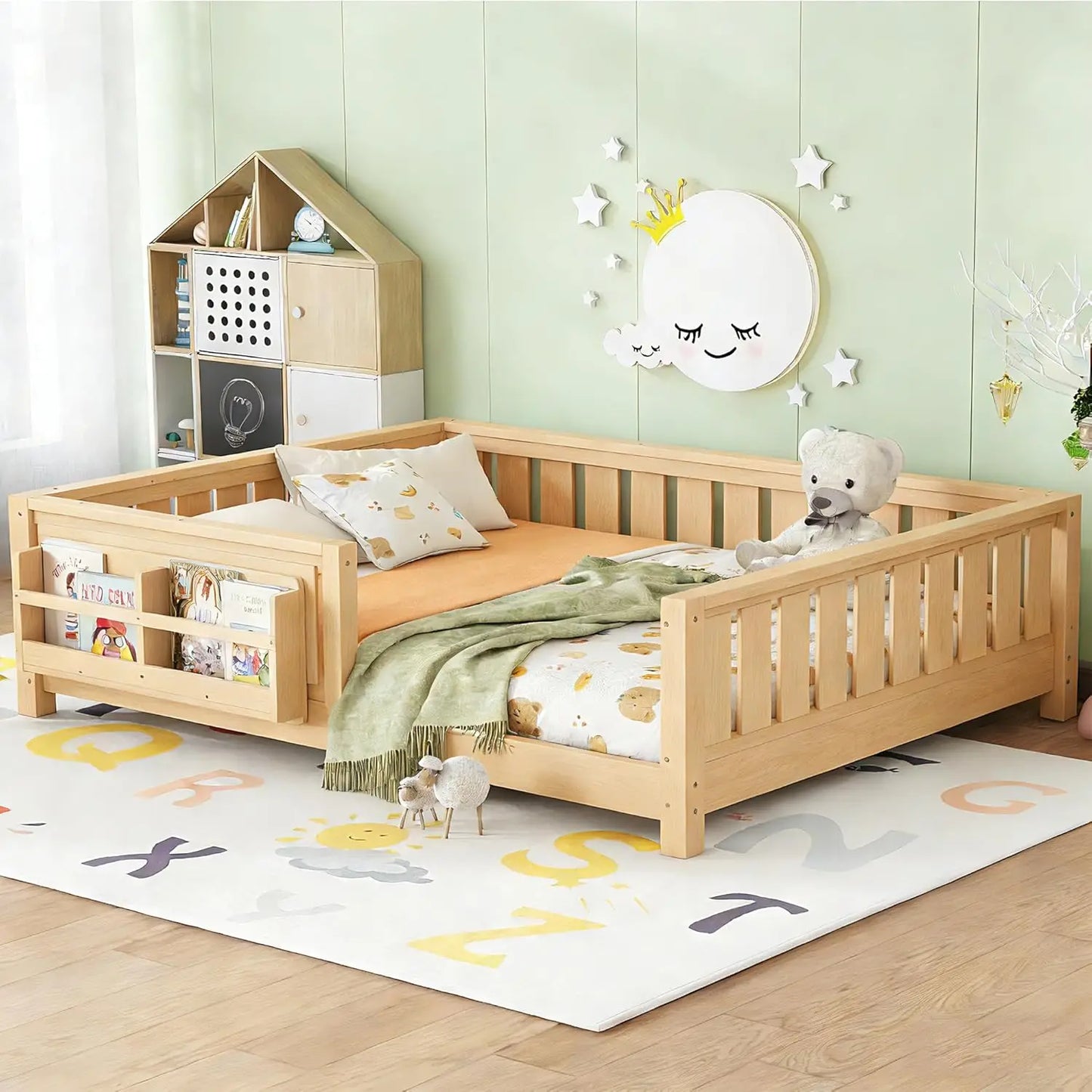 Full Size Kids Montessori Bed Frame with Stairs Bookshelf Drawers Storage Low Profile, 6 different finishes^








differeny