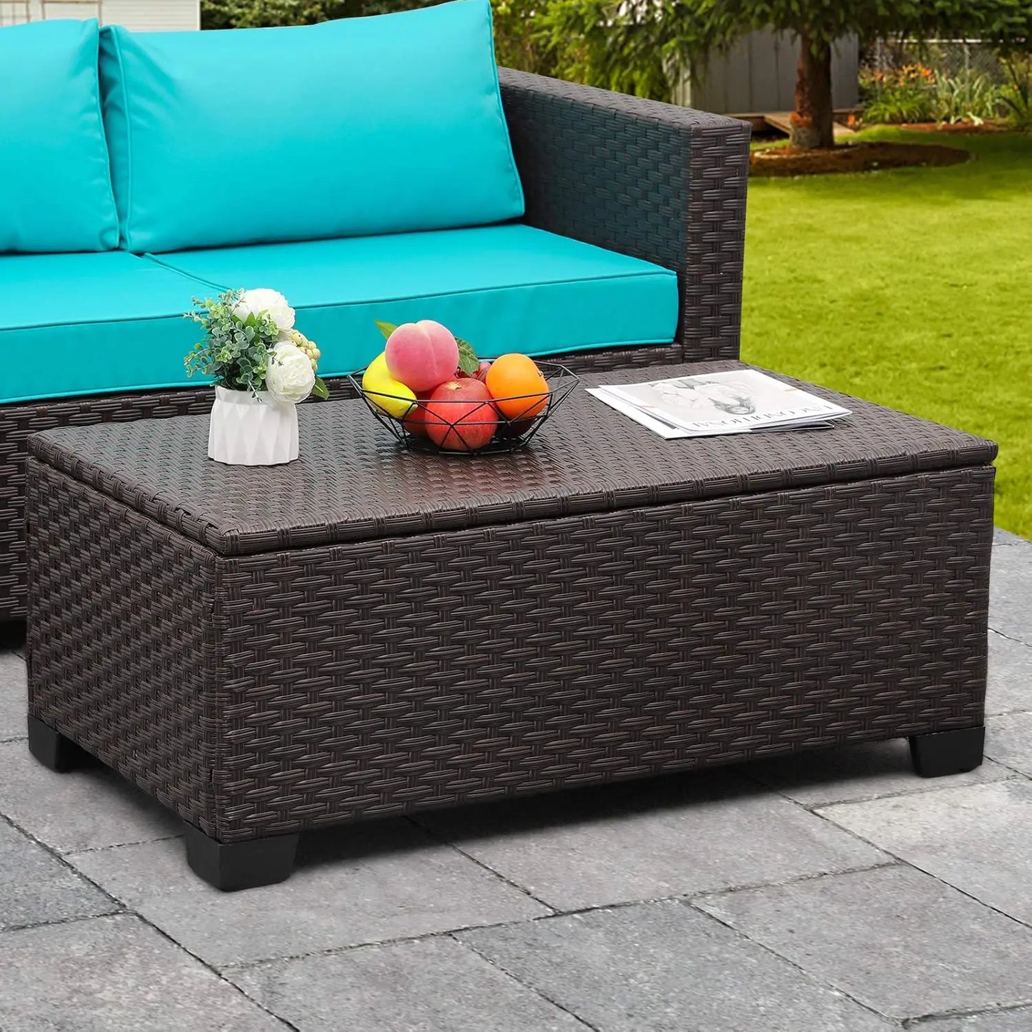 Outdoor Storage Table Wicker Patio Coffee Table with Waterproof Cover, Brown
