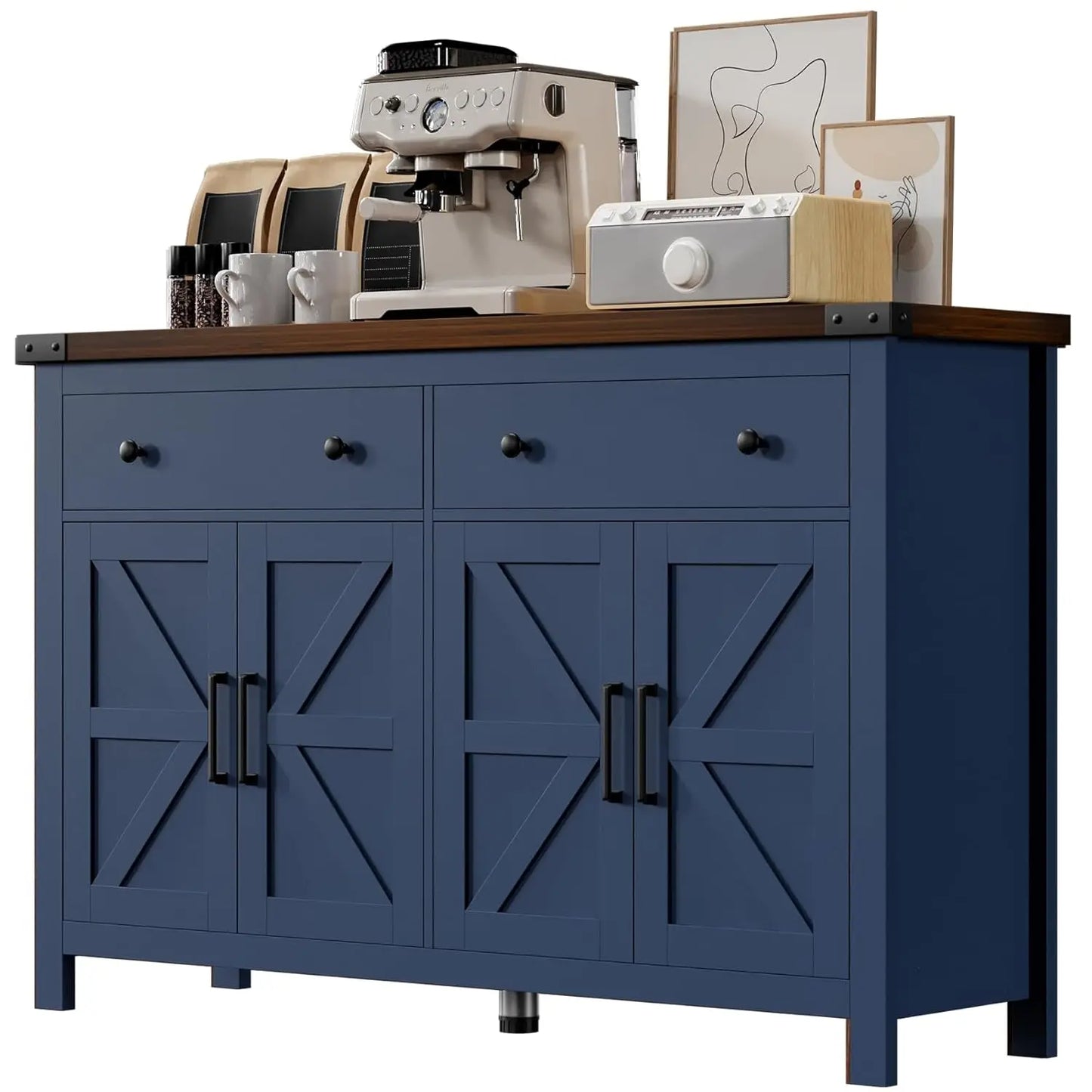 Buffet Cabinet with Storage Farmhouse with 4 Doors and 2 Drawers, 55'' Large Kitchen Storage  Blue Wood